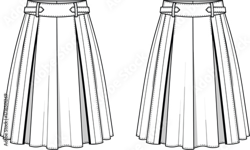 Technical fashion vector illustration of pleated skirt design with high waistband, belt loops, button closure, structured front, detailed sewing guide