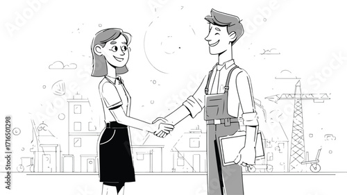 Joyful Young Woman Handshaking Craftsman Collaboration Business Partnership Illustration