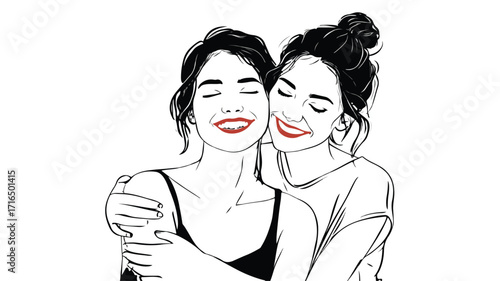 Joyful Young Women Embracing Together - Vector Illustration