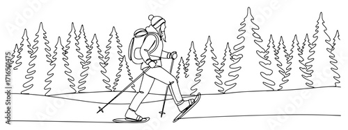 Woman Snowshoeing in a Winter Forest in a Continuous One Line Drawing