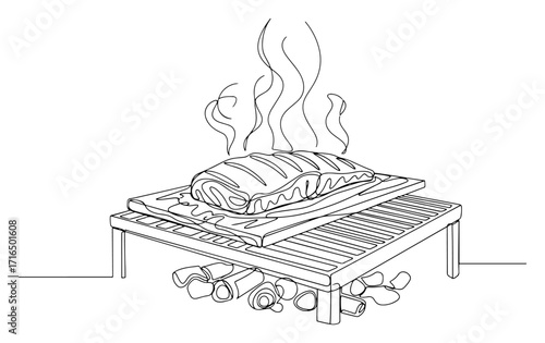 One Line Salmon on Wood Plank over Fire Vector Illustration