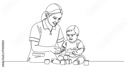 Teacher Playing with Toddler and Building Blocks black shape vector laser cutting engraving monochrome print