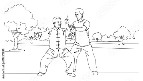 Tai Chi Instructor Teaching Student in Park black shape vector laser cutting engraving monochrome print