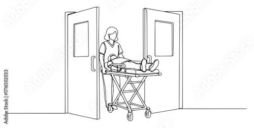 Paramedic Moving Patient on Stretcher Line Art