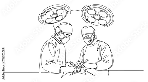 surgeons performing operation vector illustration medical team one line outline design