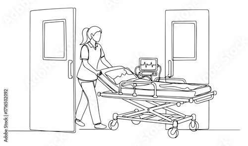 Nurse Pushing Hospital Bed with Monitor Line Art