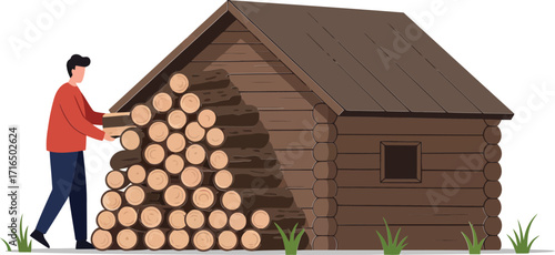 Man stacking firewood beside wooden cabin house in natural outdoor setting vector illustration