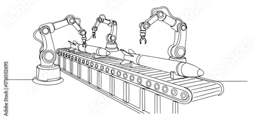 Robotic Arms Manufacturing a Missile on a Factory Assembly Line