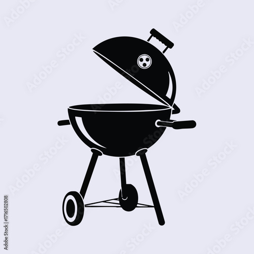 Black silhouette of a round charcoal grill with lid open and wheels for outdoor cooking and barbecuing