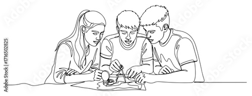 Students Working on Science Project at Table black shape vector laser cutting engraving monochrome print