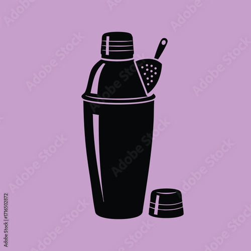 Black silhouette of a cocktail shaker with a strainer and cap on a solid lavender background in minimalist style