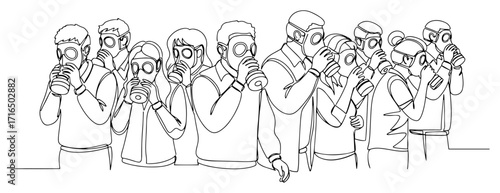 People Wearing Gas Masks in Crowd black shape vector laser cutting engraving monochrome print