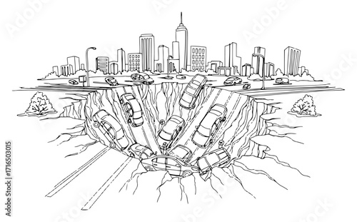Urban Sinkhole Swallowing Cars Line Art