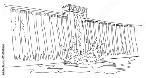 One Line Hydroelectric Dam Spillway Vector Illustration