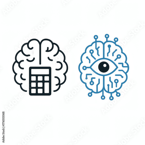 Human brain with calculator and robot brain with eye icon isolated on white background Moravec paradox concept