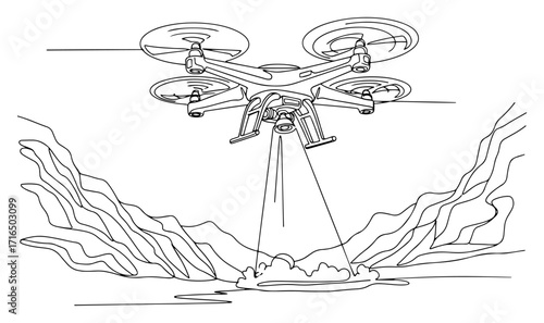 One Line Drone Scanning Water Surface Vector Illustration