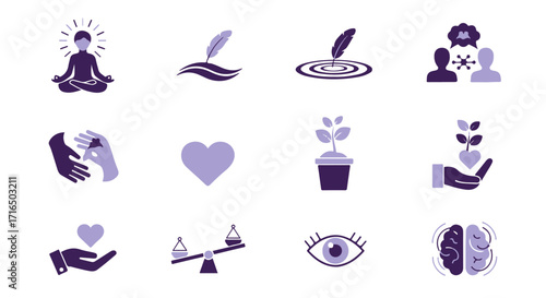 Mindfulness and mental health icon set for self-care and personal growth. Vector illustrations of meditation, empathy, and emotional balance.