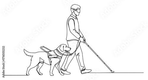 Blind Man Walking with a Guide Dog and White Cane