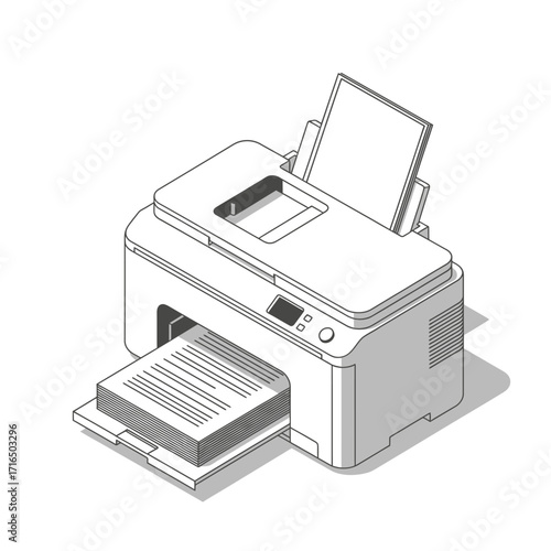 Isometric illustration of a modern office printer with paper output and input trays.