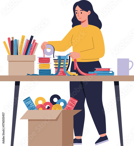 Woman organizing colorful sewing threads and ribbons on table in casual outfit vector illustration