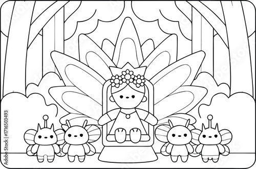 Floral crowned princess sits upon her throne, attended by insectoid creatures in a forest scene