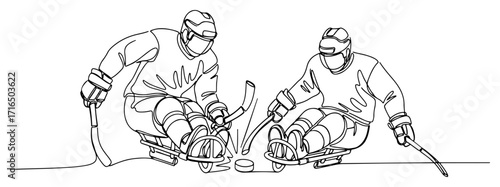 One Line Para Ice Hockey Players Vector Illustration
