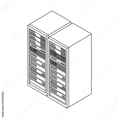 Isometric illustration of two server racks in a data center.