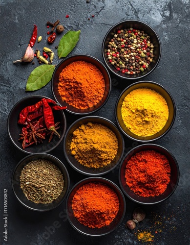 Assorted colorful spices in small black bowls on a dark grey stone surface