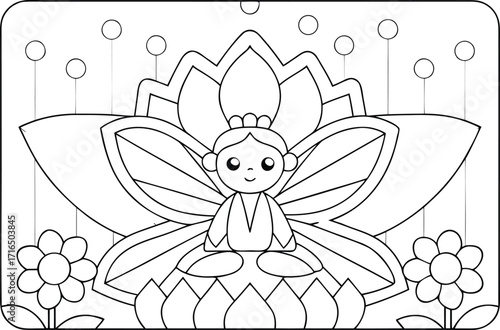 Fairy sits over a flower while several circles hang above in transparent background
