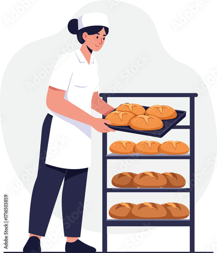Baker holding tray with fresh bread loaves near rack in bakery kitchen vector illustration
