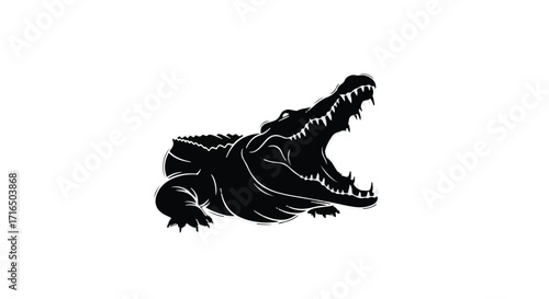 Alligator with an open jaw displays a powerful predatory stance in a bold black silhouette and is isolated on a white background for impactful commercial wildlife branding and design work.