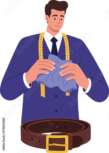 Tailor measuring tape holding fabric preparing brown leather belt for custom fitting vector illustration
