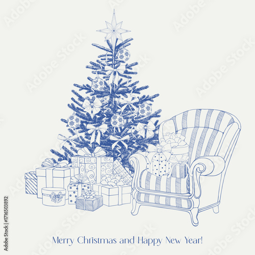 Vintage illustration Christmas tree with gifts boxes, armchair, balls, bows, star. Blue beige. Hand drawn linear elements. Vector background for design holiday decor, new year greeting card, poster