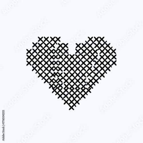 Black cross stitch pattern forming a pixelated heart shape on a light blue background with artistic handmade style