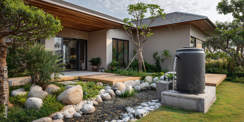 Modern house with lush landscaping and water feature