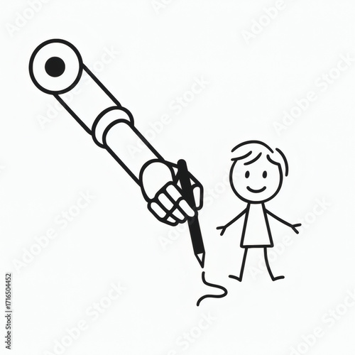 Robot hand drawing child stick figure sketch isolated on white background Moravec paradox concept