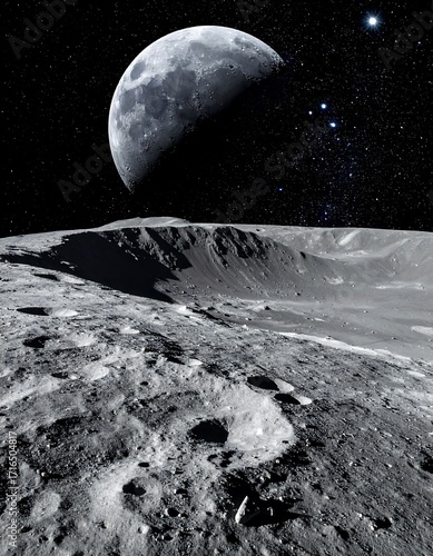 Moon surface with a crescent moon