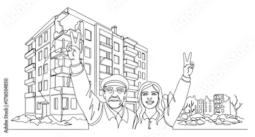 People Celebrating Peace Sign in Front of Apartment Building Ruins black shape vector laser cutting engraving monochrome print