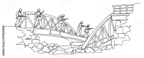 Soldiers Crossing a Destroyed Bridge in Combat black shape vector laser cutting engraving monochrome print