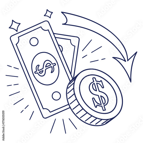 Money exchange concept with dollar coin and banknotes