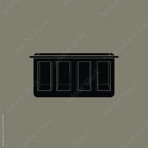 Minimalist black silhouette of a rectangular container with four compartments on a plain gray background