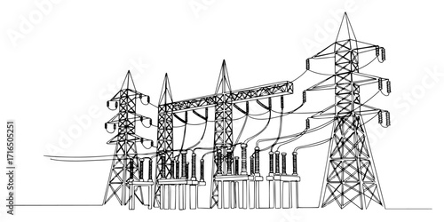 High Voltage Electrical Substation with Power Lines in a Continuous One Line Drawing