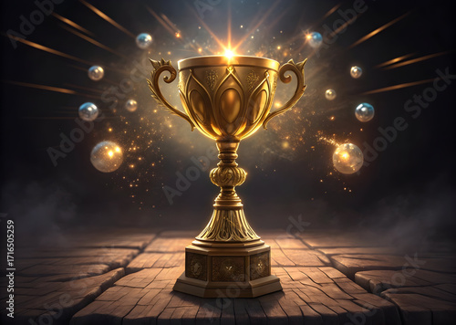 Golden trophy cup with ornate details and magical glowing orbs on dark wooden surface