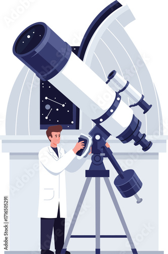 Male astronomer scientist examining large telescope in observatory researching stars and space exploration vector illustration