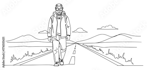 Person in a Gas Mask Walking on a Post-Apocalyptic Road