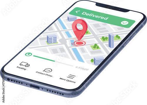 Delivery tracking app illustration, smartphone interface, completed shipment, map with location pin, logistics technology, mobile dashboard, modern courier system, geolocation