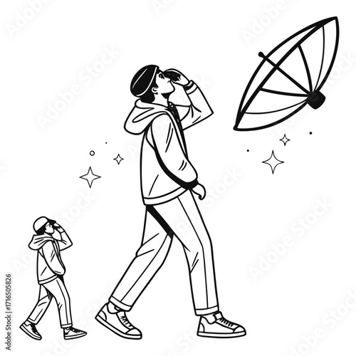 Illustration of a person looking up at satellite