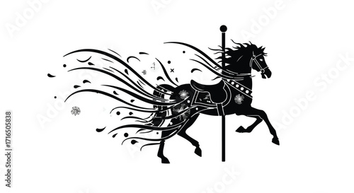 Elegant carousel horse silhouette with flowing mane and tail creating a sense of motion