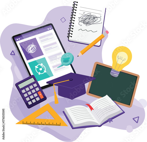 A comprehensive flat-lay illustration of education and learning tools, featuring a tablet, a calculator, books, and a graduation cap on a purple background