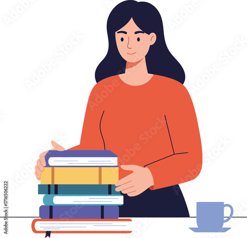 Woman stacking books on table with cup of coffee in casual outfit vector illustration